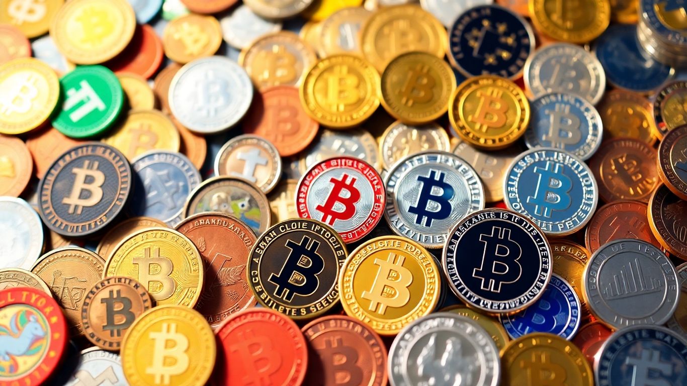 Cryptocurrency coins of varying sizes arranged visually.