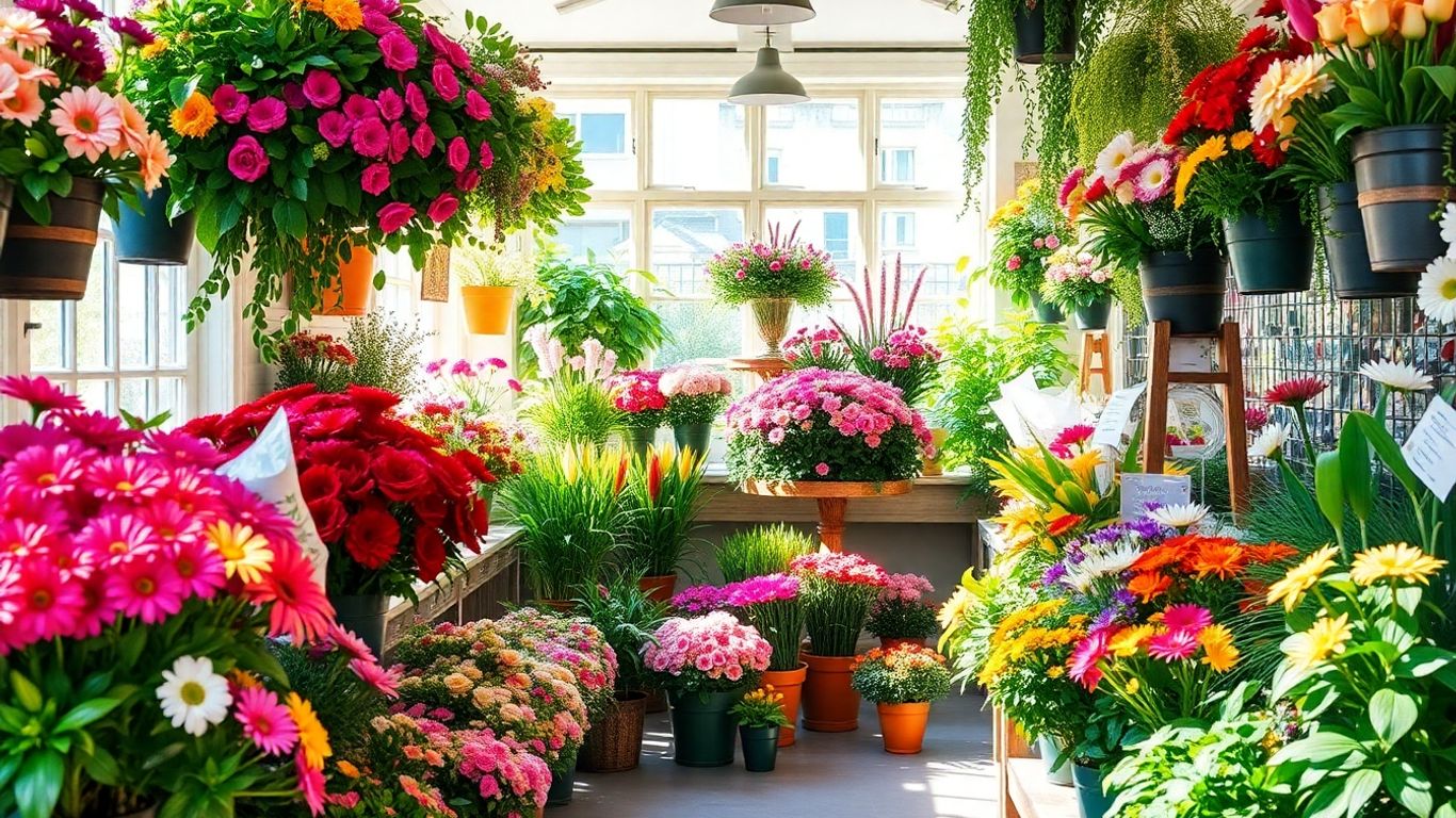 Colorful flower shop interior with bouquets and plants.