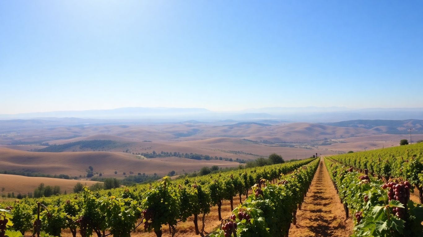 Vineyard landscape in La Rioja with rolling hills and grapes.