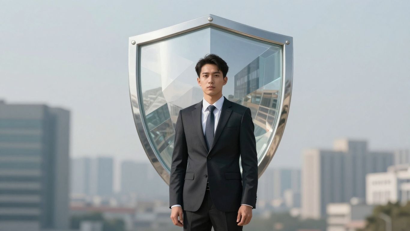 Professional with protective shield, excess liability insurance concept.