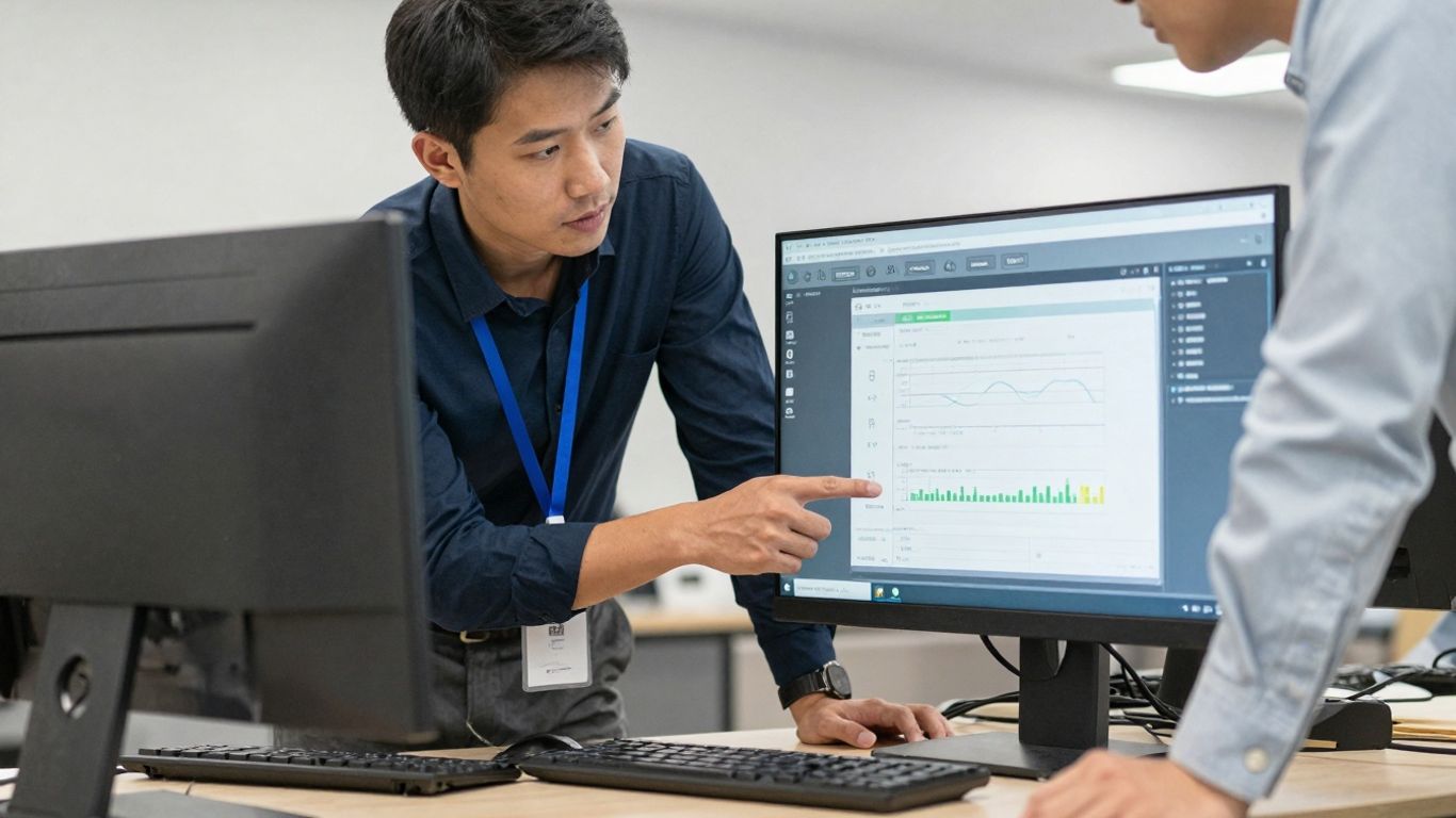 Persona ayudando a otra con un ordenador.