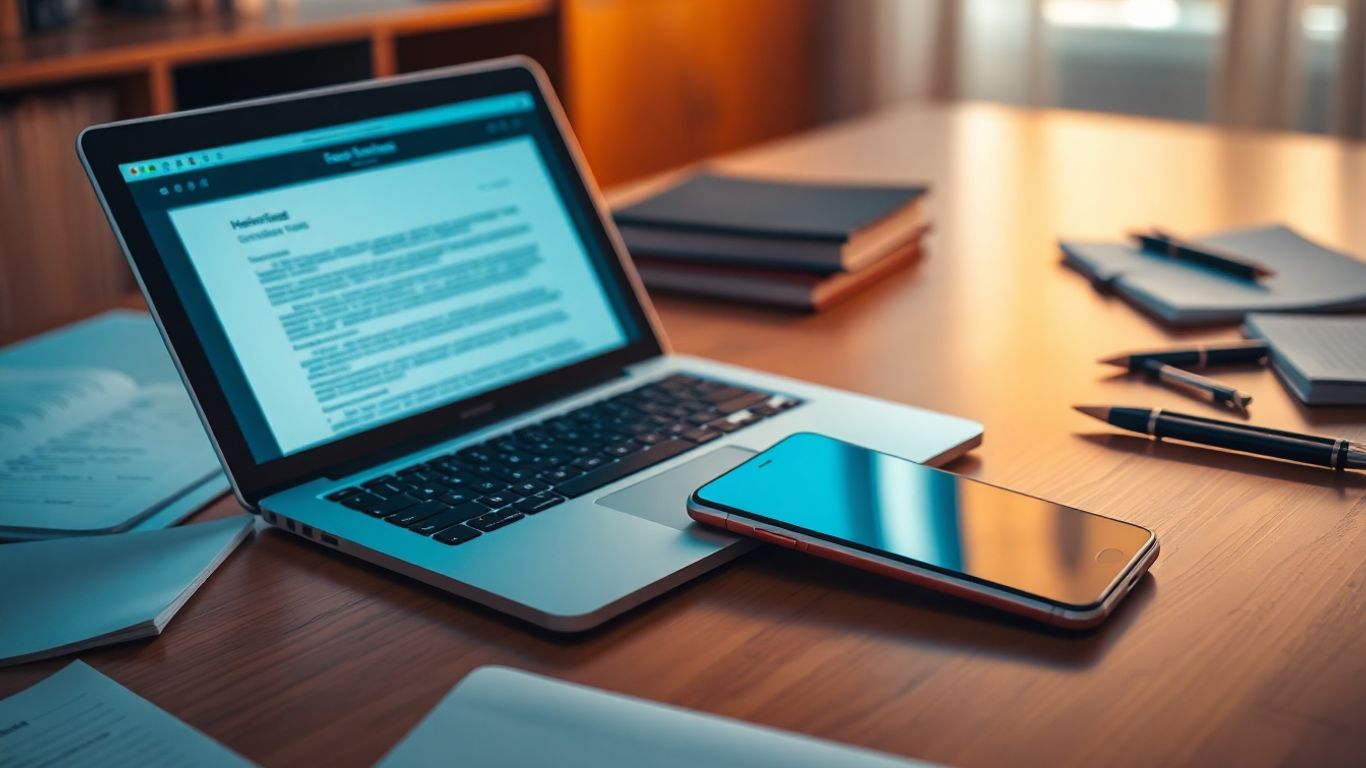 Student desk with laptop, phone, and notebooks.