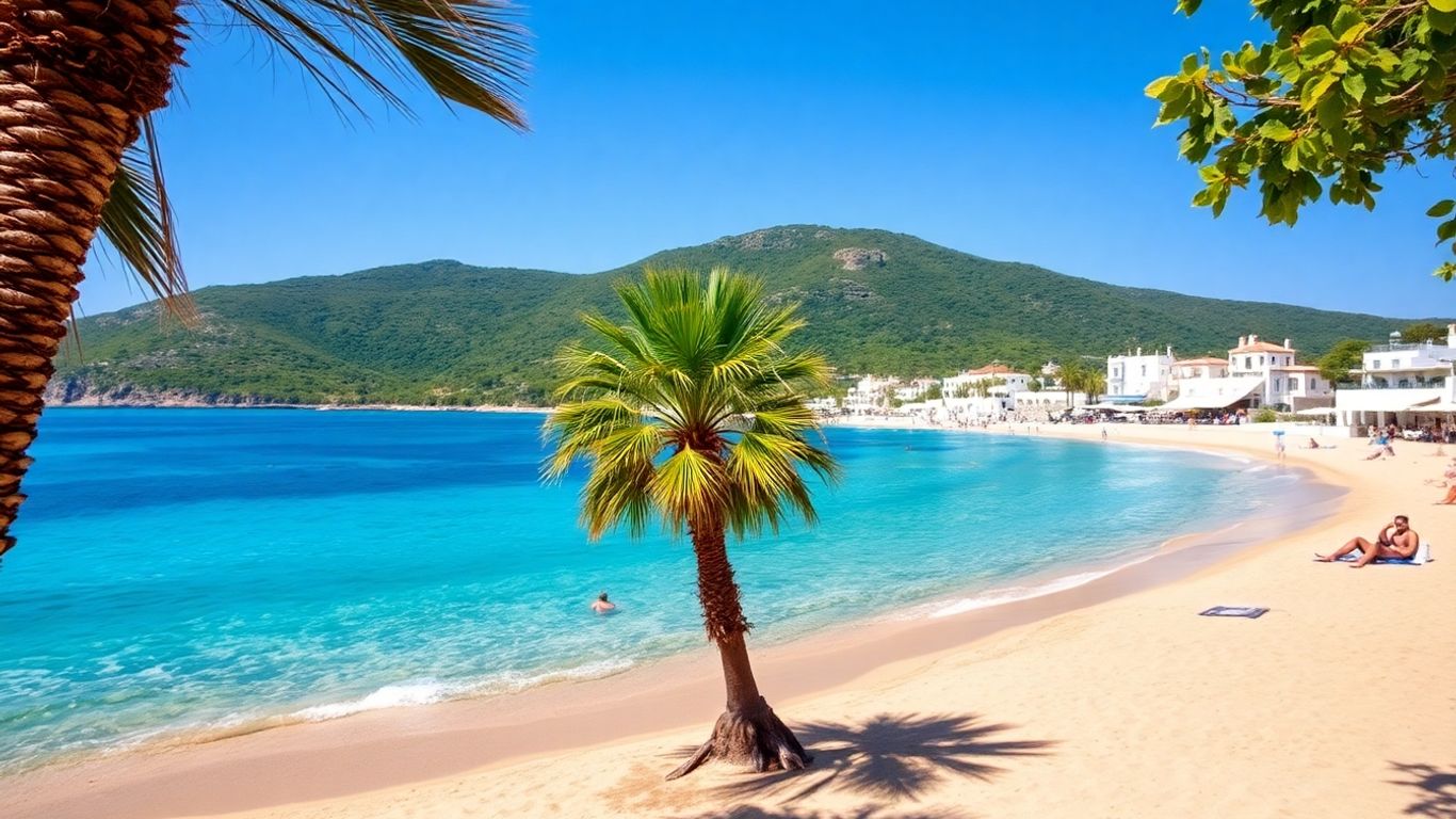 Sunny Mediterranean beach with turquoise water and palm trees