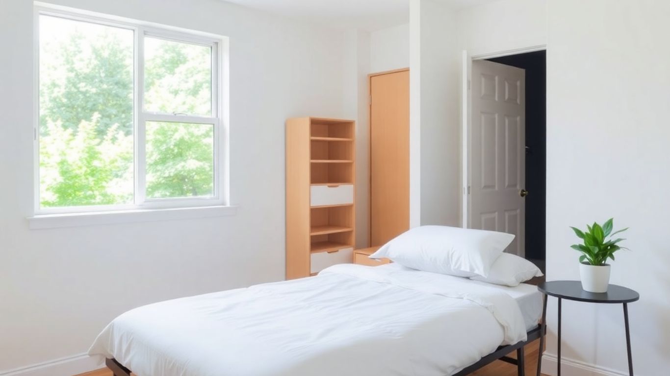 A tidy room in transitional housing with a made bed.