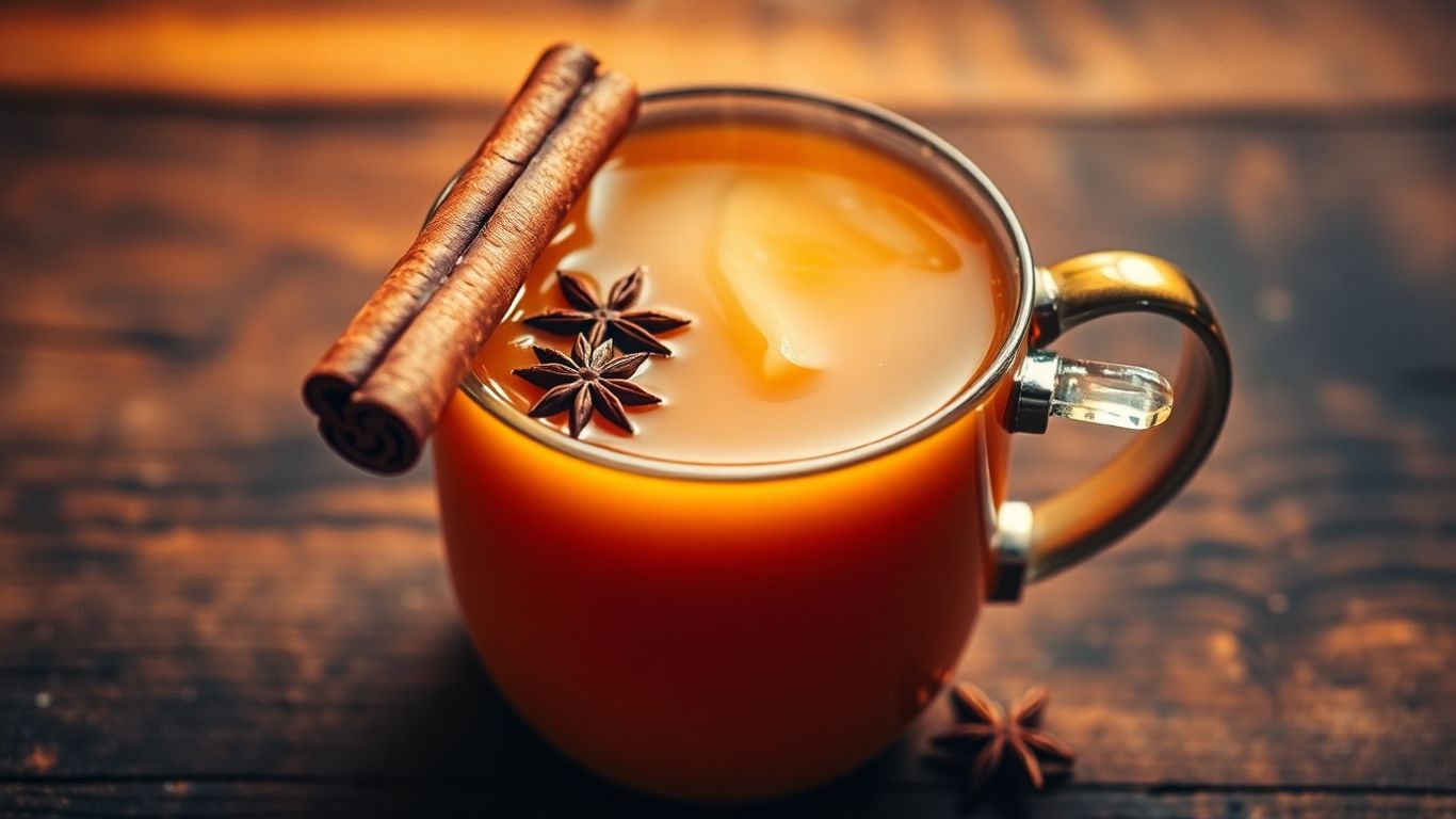 Steaming mug of spiced apple cider with cinnamon stick.