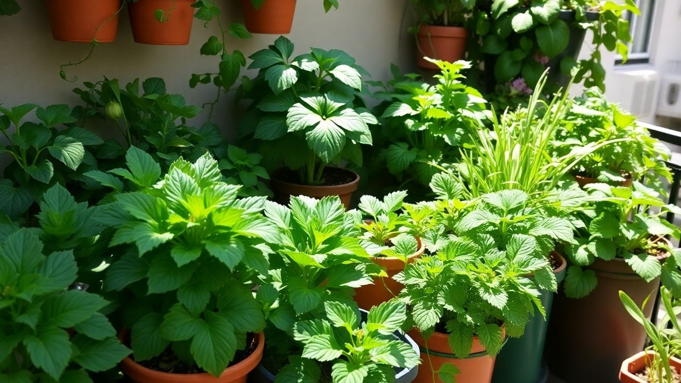 Balcony garden with diverse vegetables in containers.