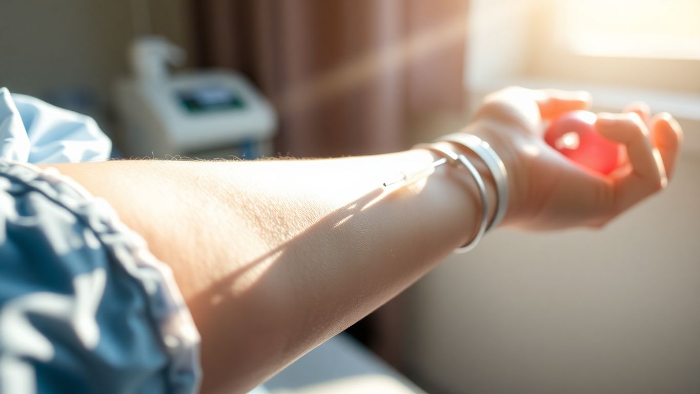 Person donating plasma with needle in arm.