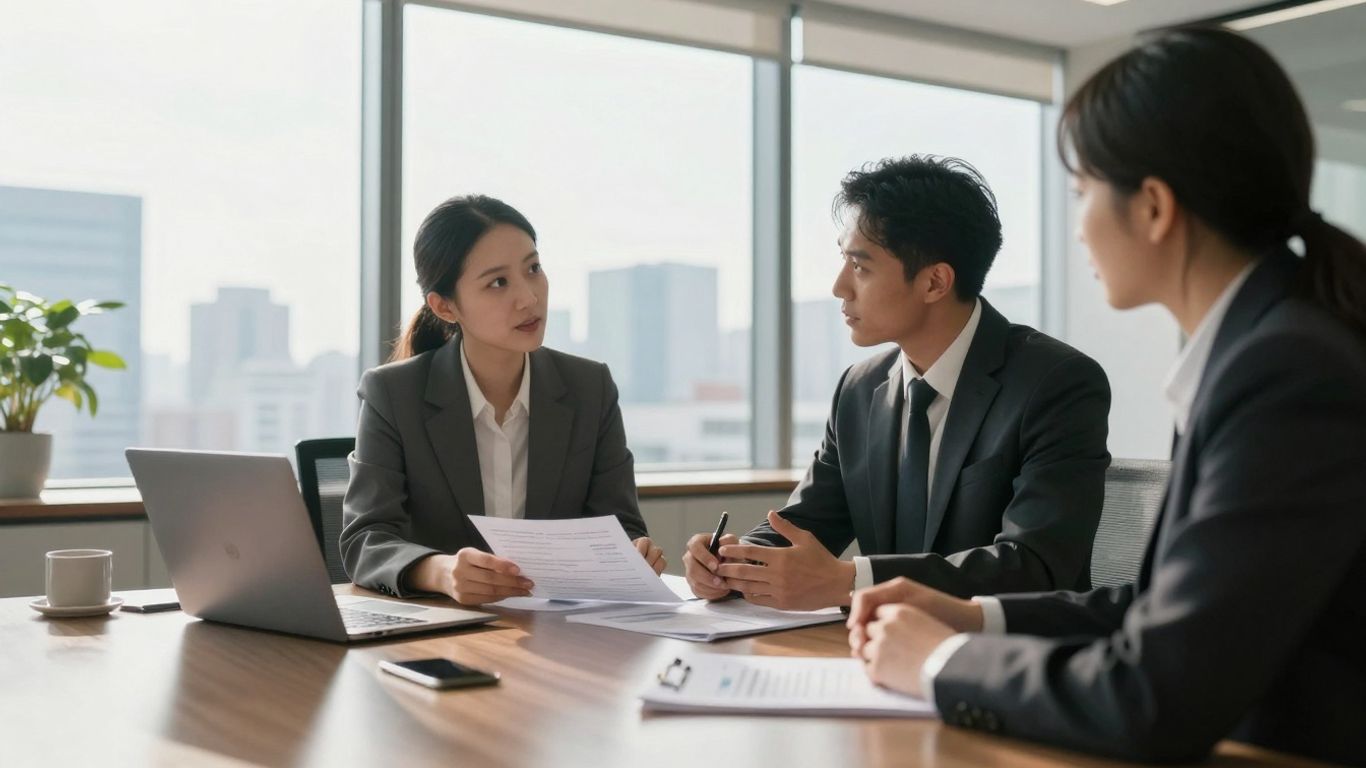 Private banking meeting with city view.