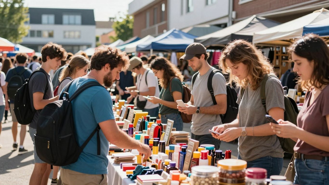 Oameni cumpărând și vânzând produse într-o piață vibrantă.