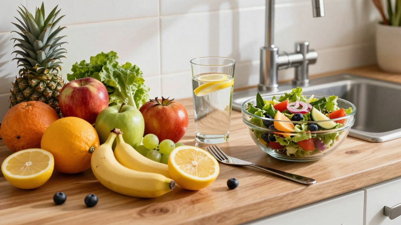 Fructe, legume și un pahar cu apă pe masă.