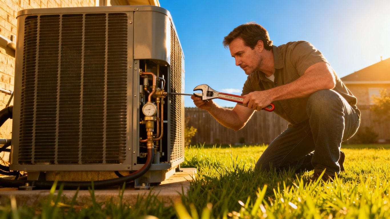 Homeowner performing DIY HVAC maintenance outdoors.