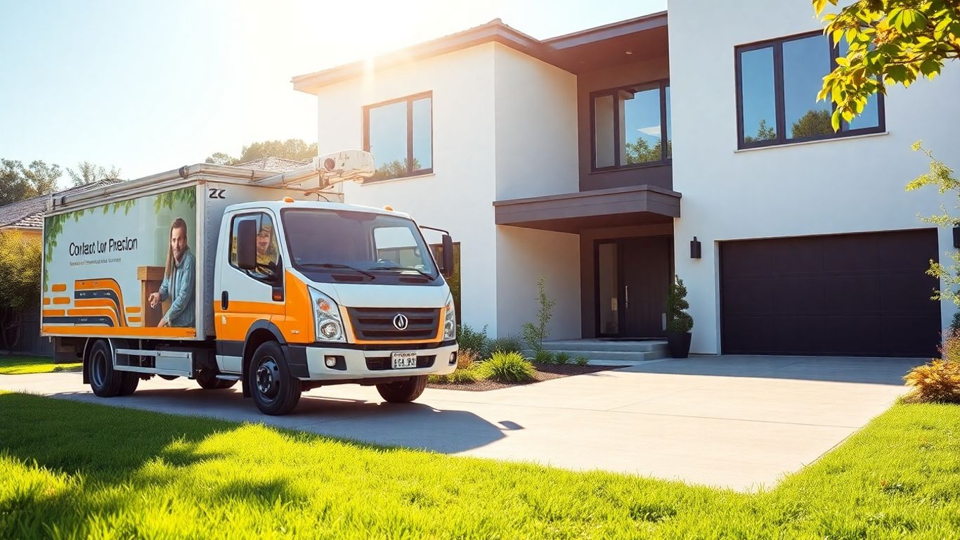 Contractor truck outside a modern house.