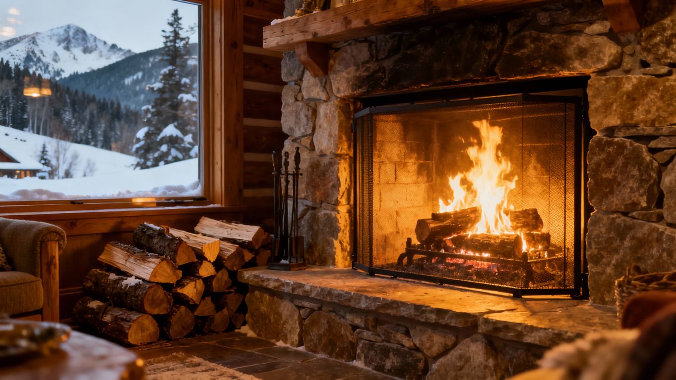 Warm living room with safe fireplace in winter.