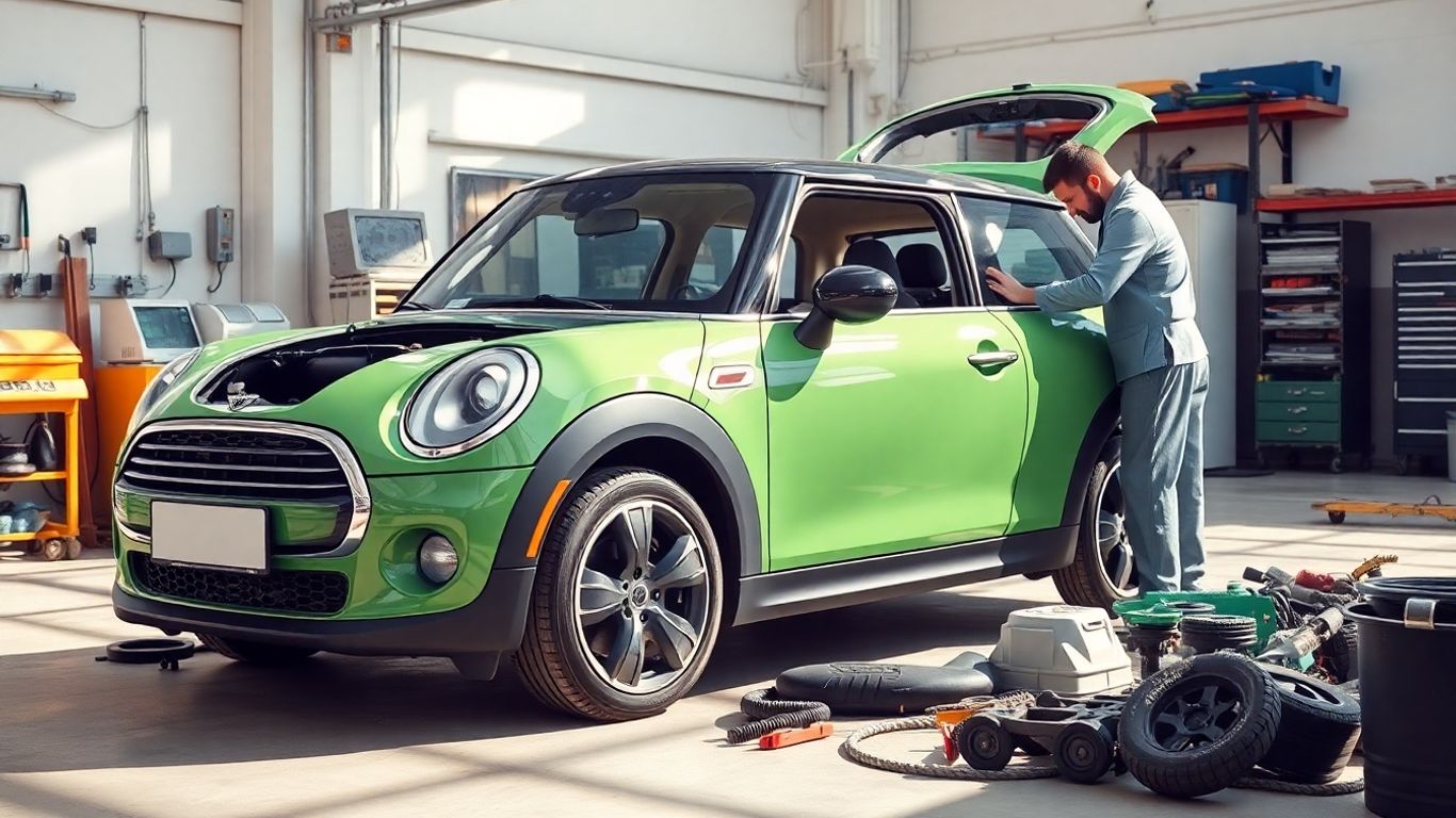 Green Mini Cooper wrecking service, eco-friendly parts recycling.