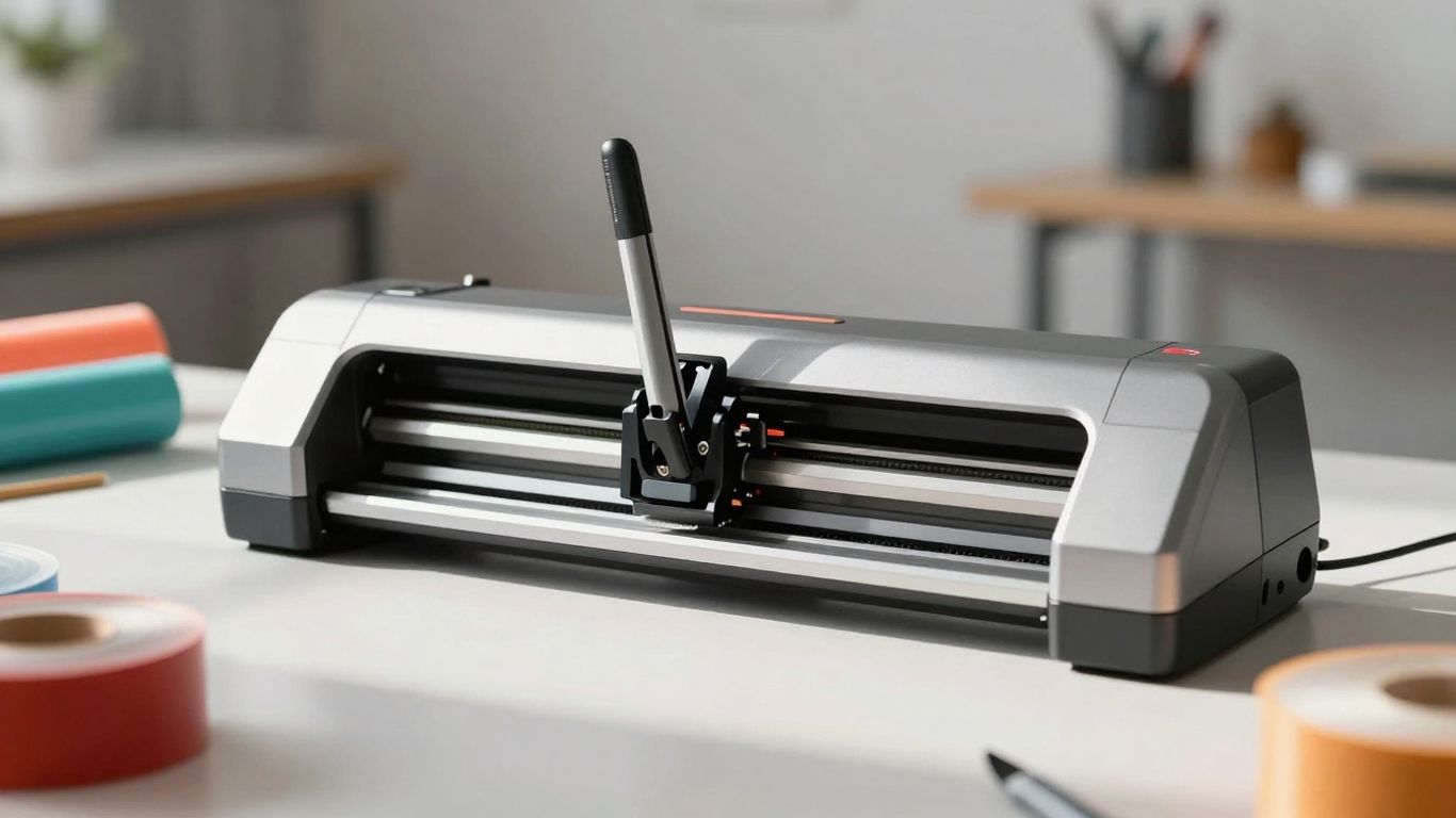 Moderner Plotter mit bunten Vinylrollen auf einem Tisch.