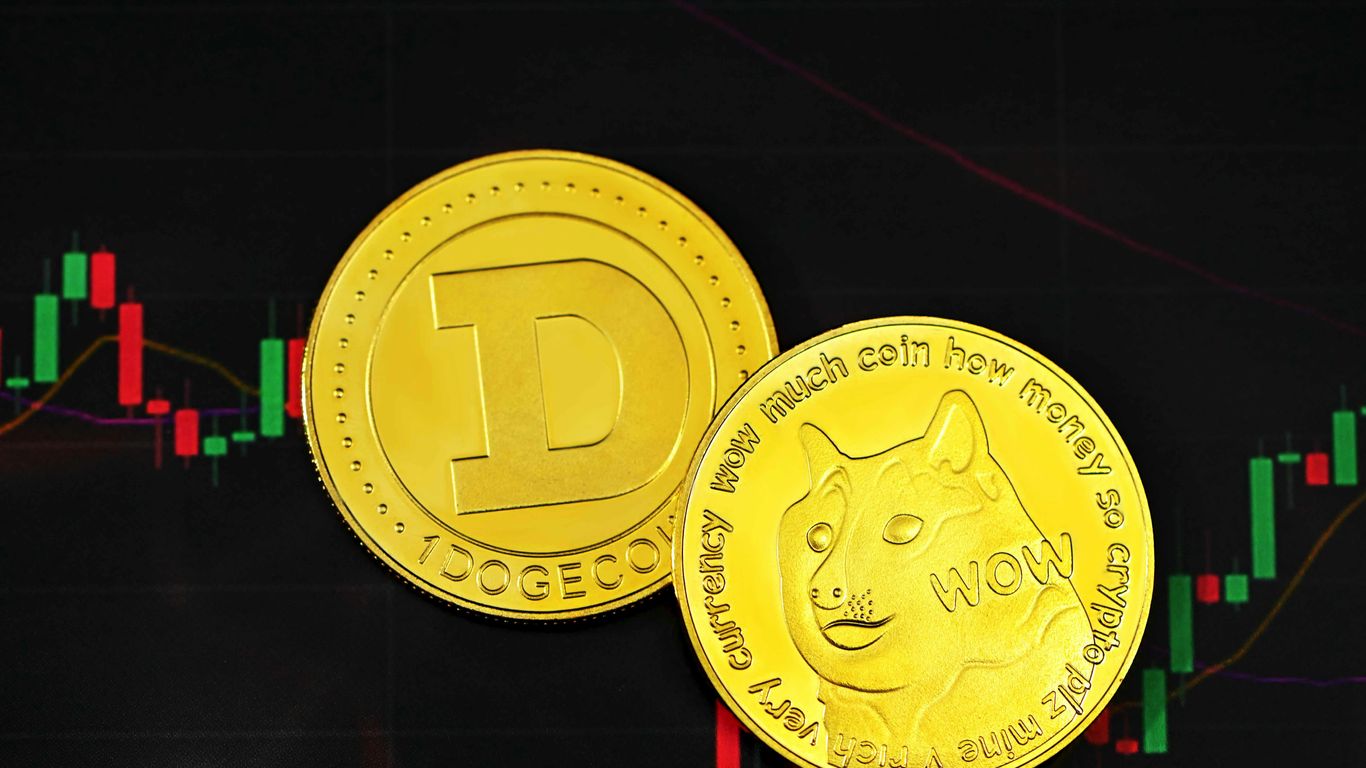 a close up of two gold coins near a stock chart