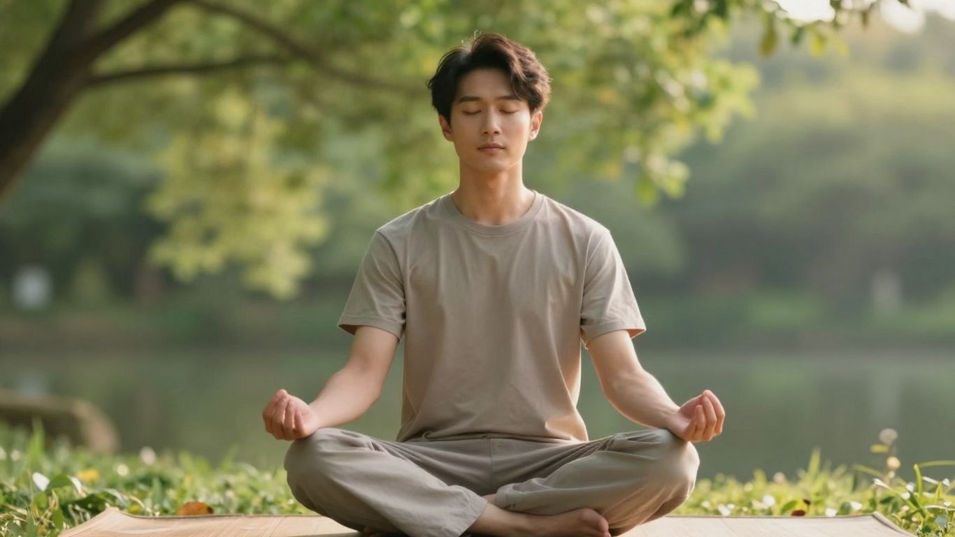 Person meditiert friedlich im Freien im warmen Licht.