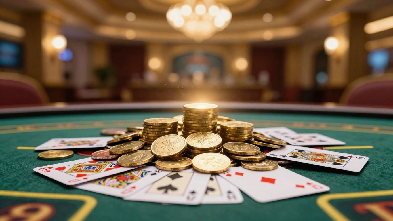 Golden coins and playing cards for a casino bonus.