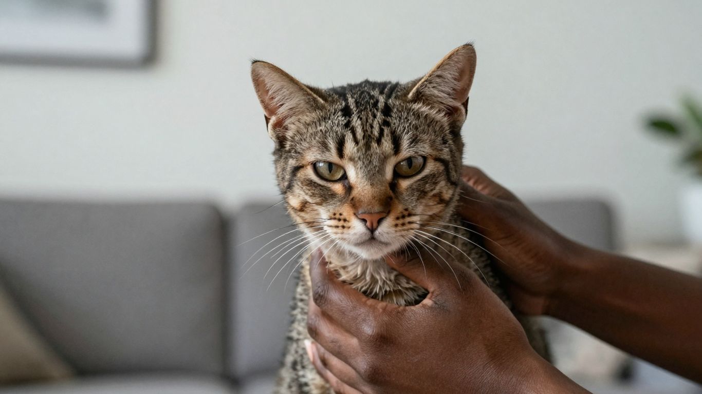Thin cat being held by owner, looking unwell.