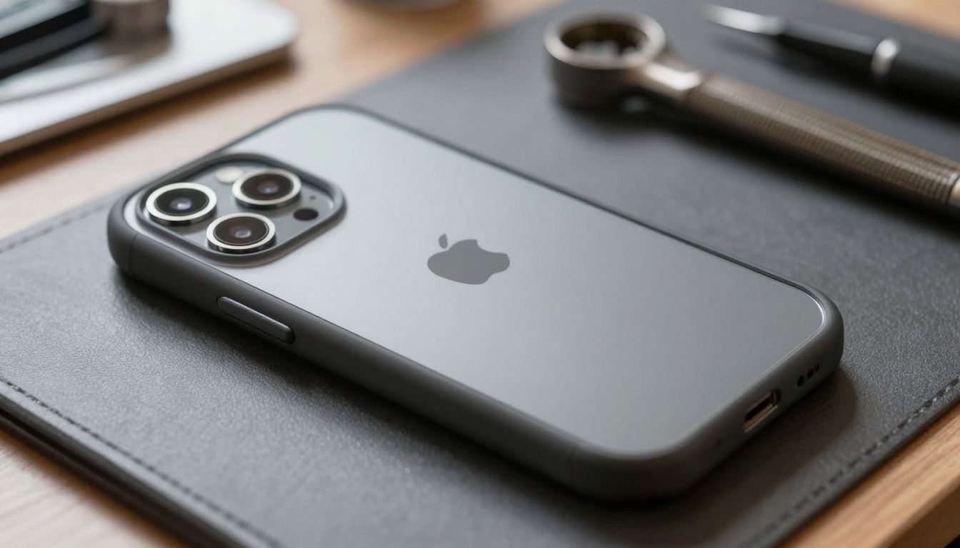 A neutral smartphone in a thick, shock-absorbing phone case sitting on a workbench with tools in the background