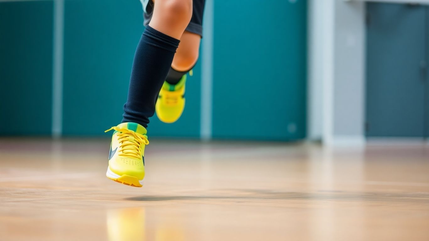 Young Aussie playing indoor soccer in bright shoes.