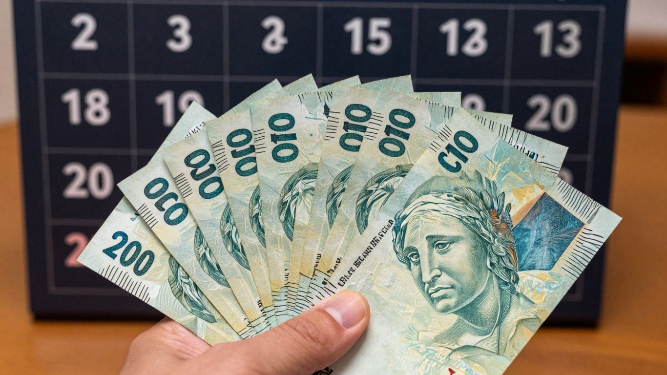 Pessoa com dinheiro e calendário de aniversário.