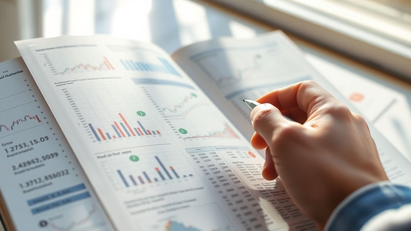 Open book with financial charts and a hand.