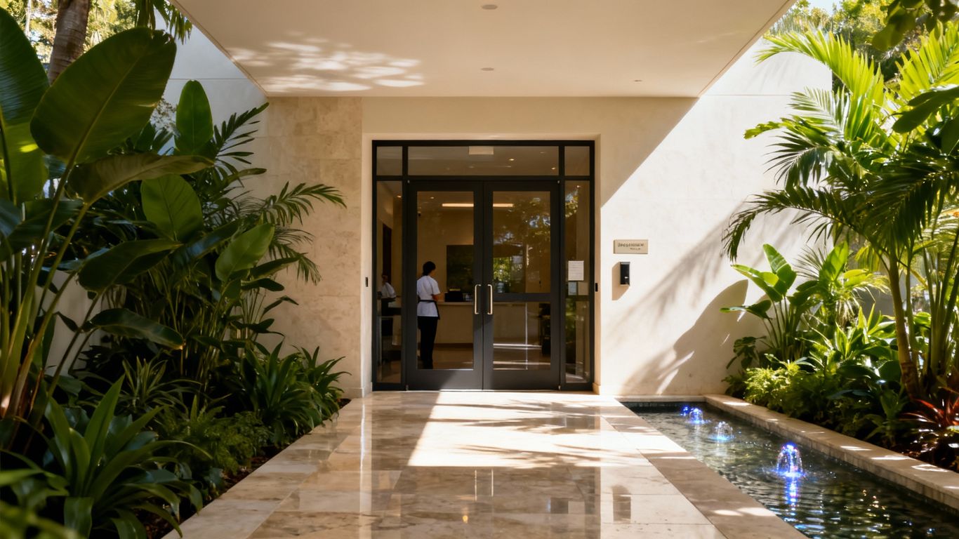 服务入口的绿色植物和水景