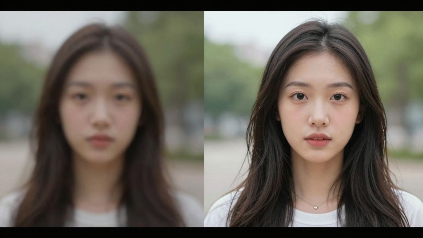 Blurry video transforming into clear, high-definition video.