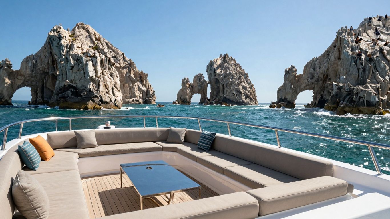 Luxury yacht sailing in Cabo with Arch in background.