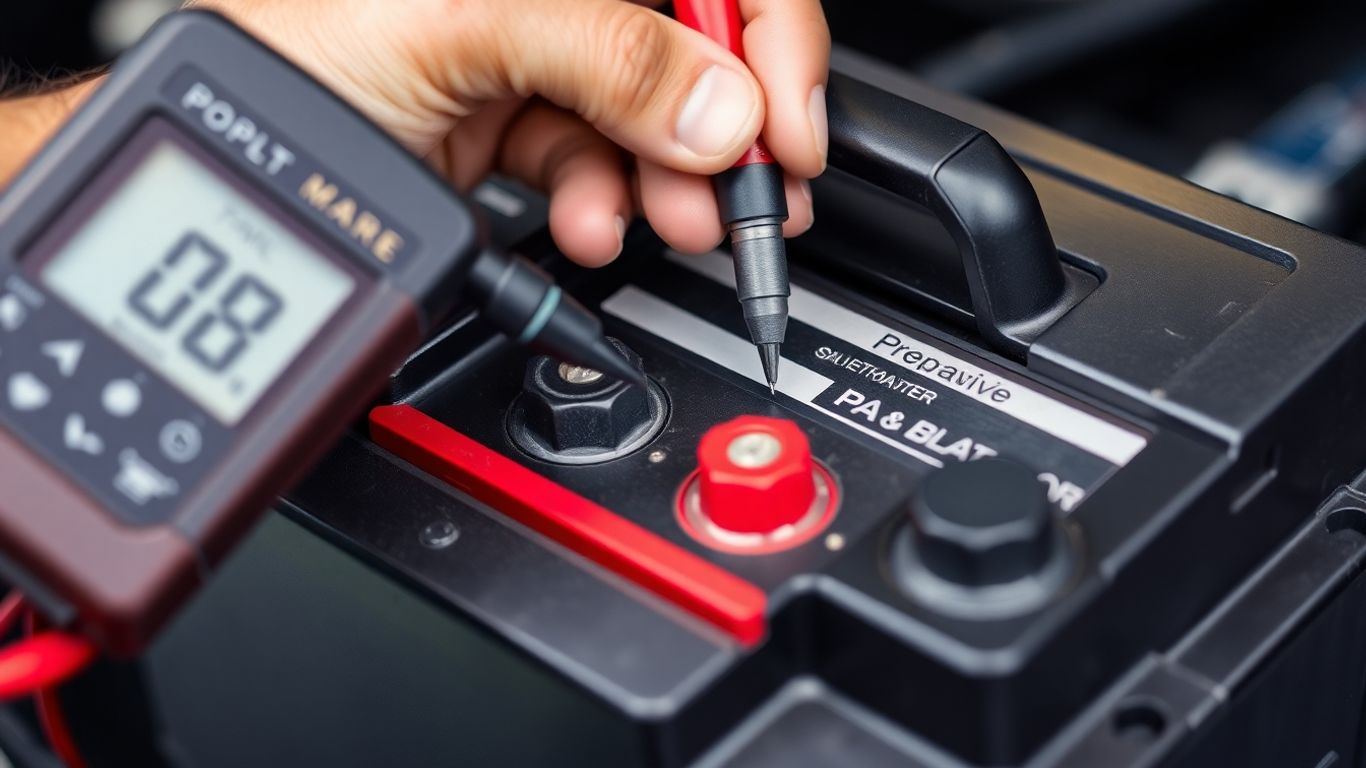 Hand holding car battery with multimeter probe.