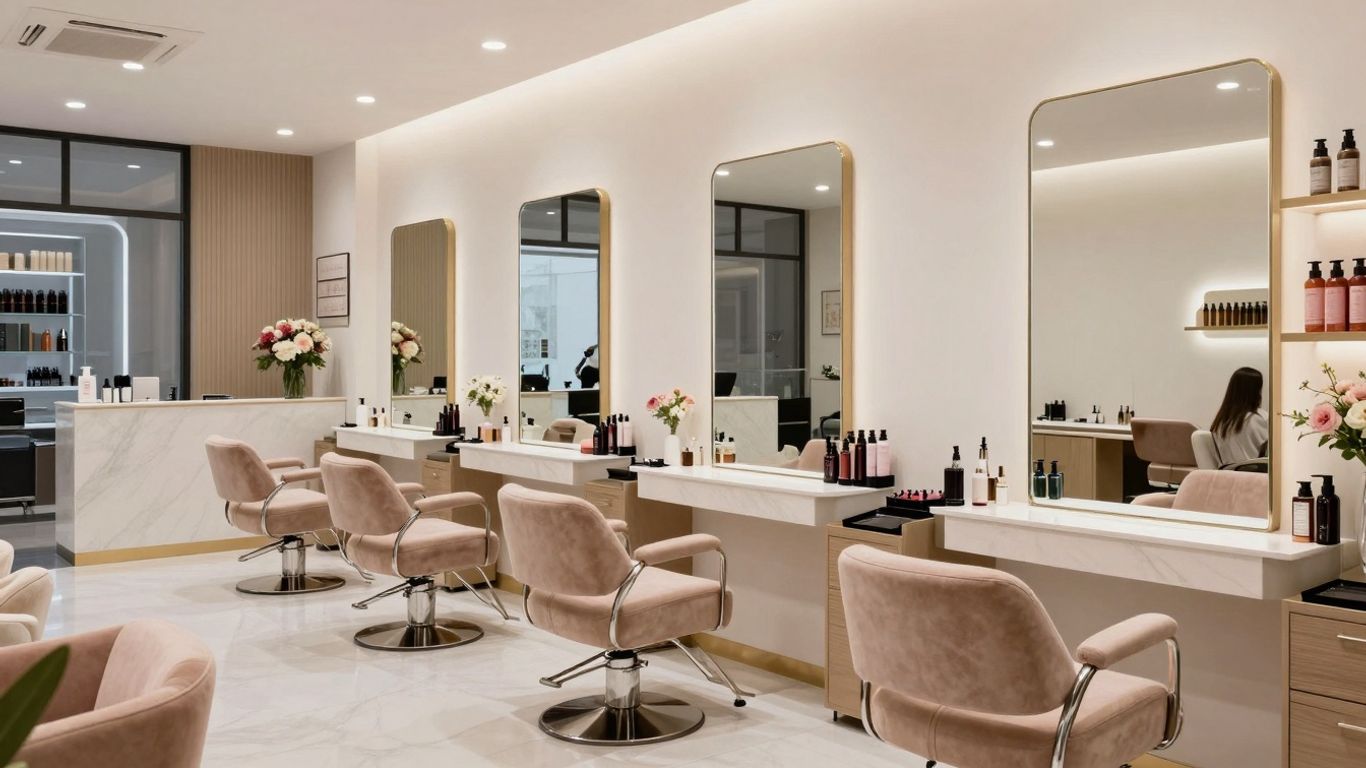 Modern beauty salon interior with styling stations and products.