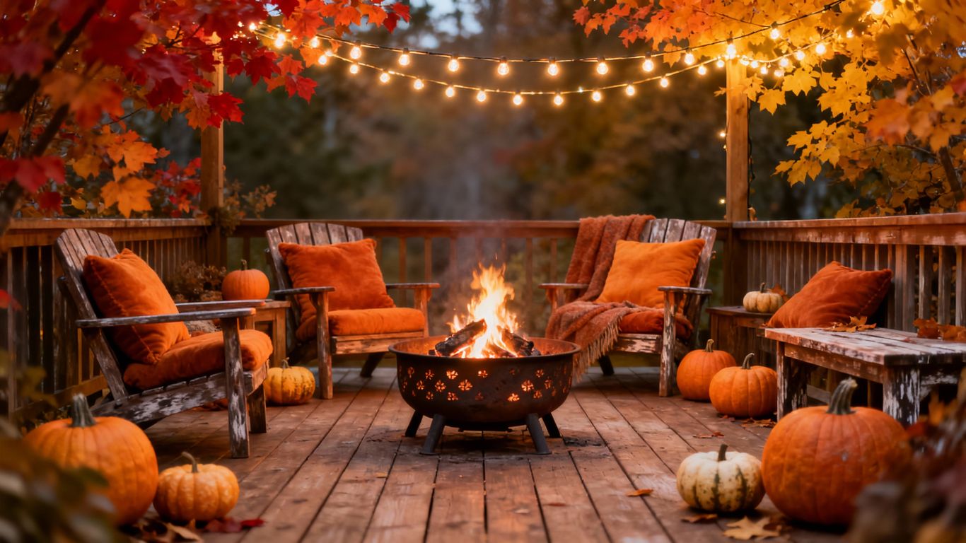 Cozy fall deck with pumpkins and string lights.