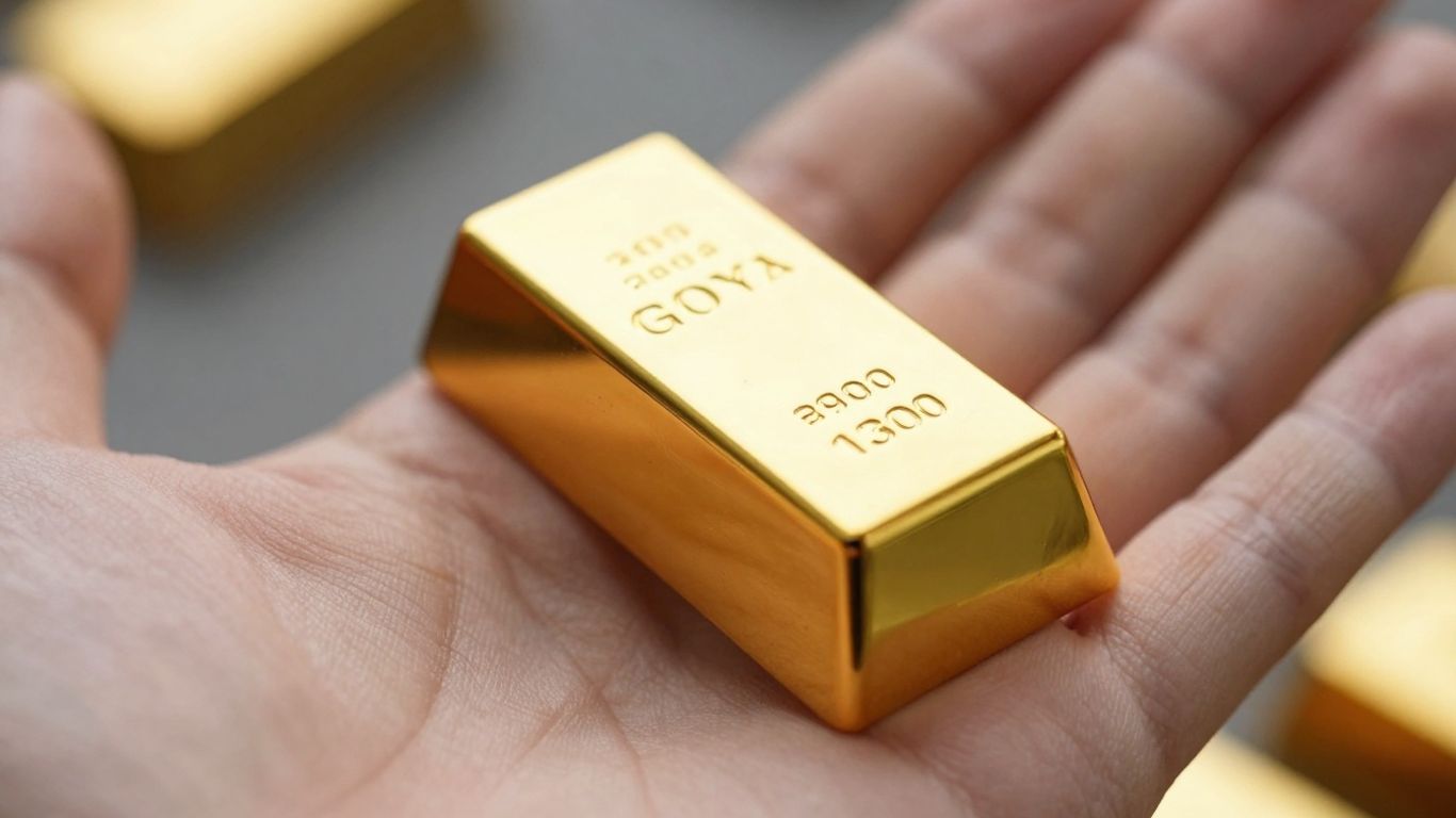 Main d'or tenant une barre d'or brillante.