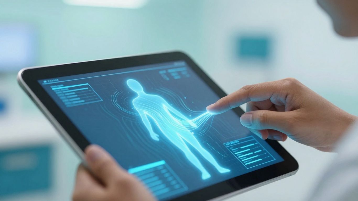 Digital health data flowing into human silhouette.