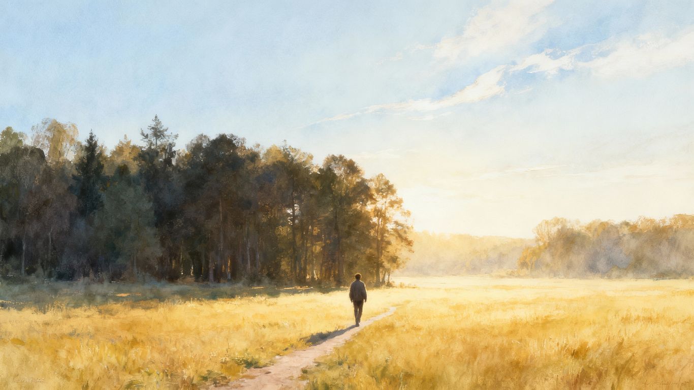 Figure walking from forest to sunlit meadow.