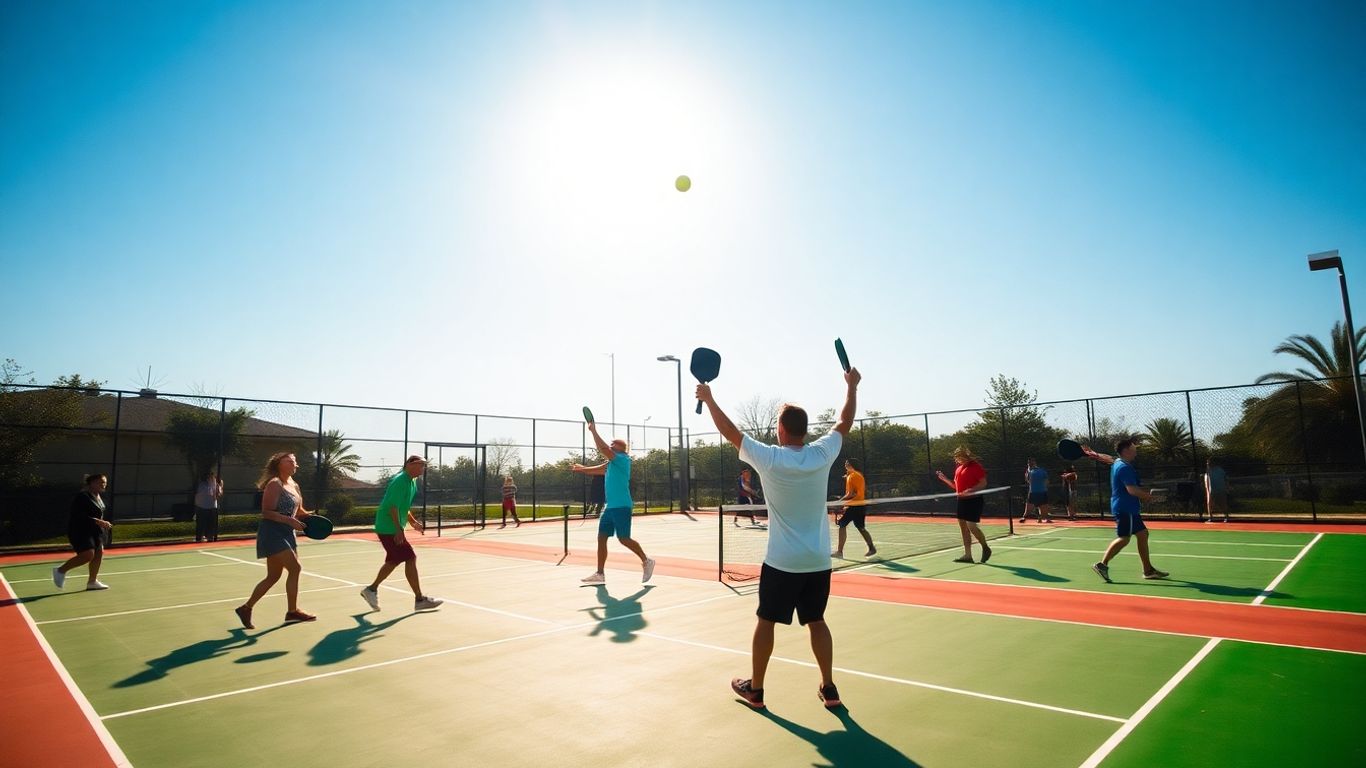 Pickleball players in action on a sunny court.