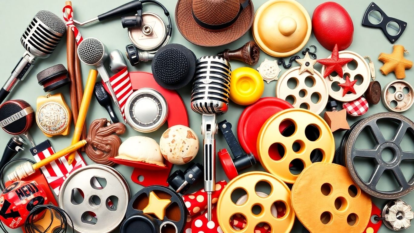 Collage of classic comedy props and symbols.