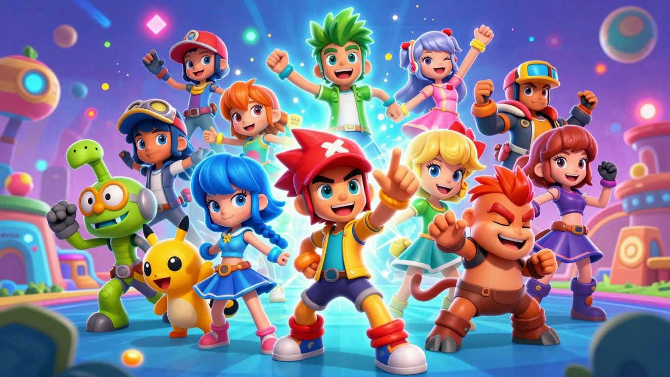 Joyful characters playing diverse video games, endless fun.