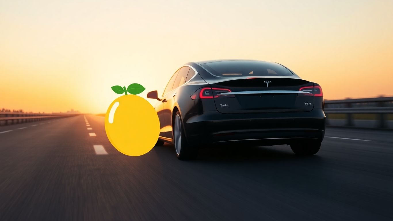 Tesla driving autonomously with a lemon icon nearby.