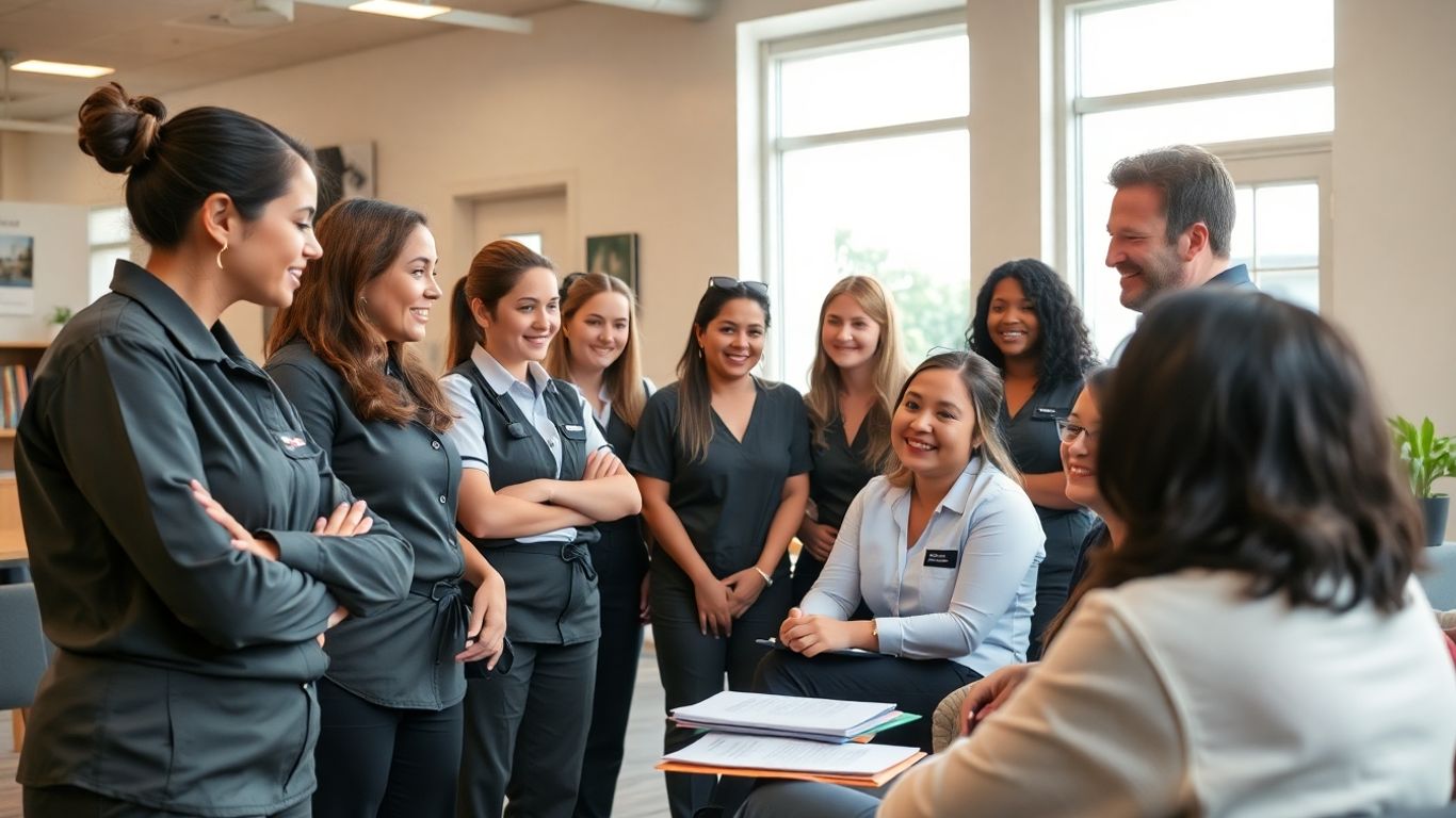 Staff members assisting residents in a homeless hostel.