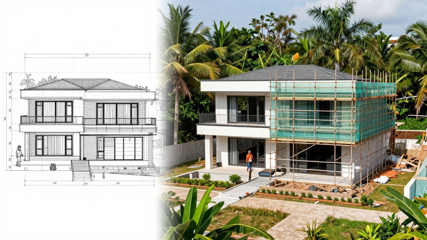 Villa construction progress in Phuket, from blueprint to building.