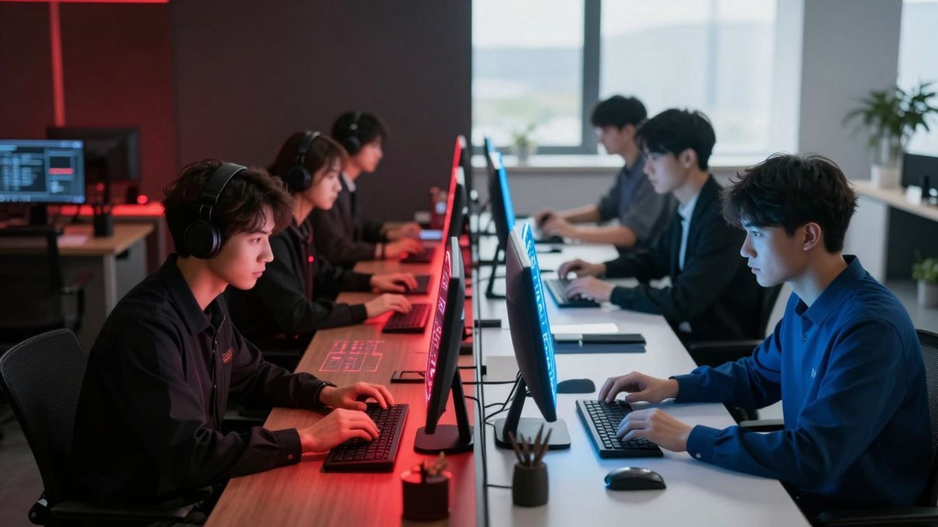 Red and blue teams in cybersecurity battle.