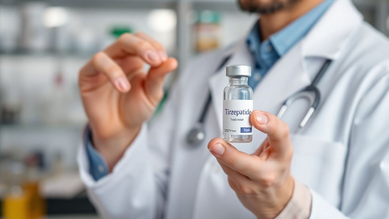 Profissional médico com frasco de Tirzepatida em laboratório.