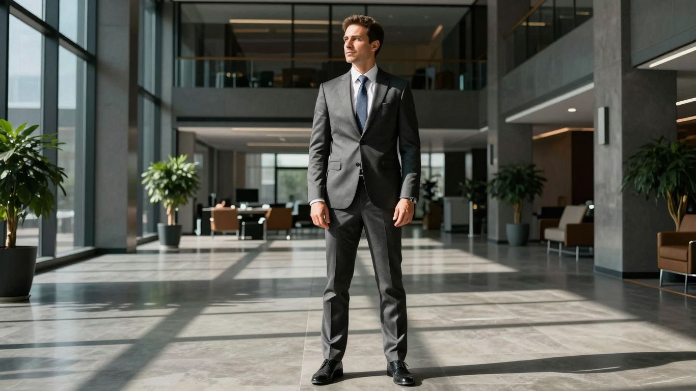Banker in modern office, looking towards future.