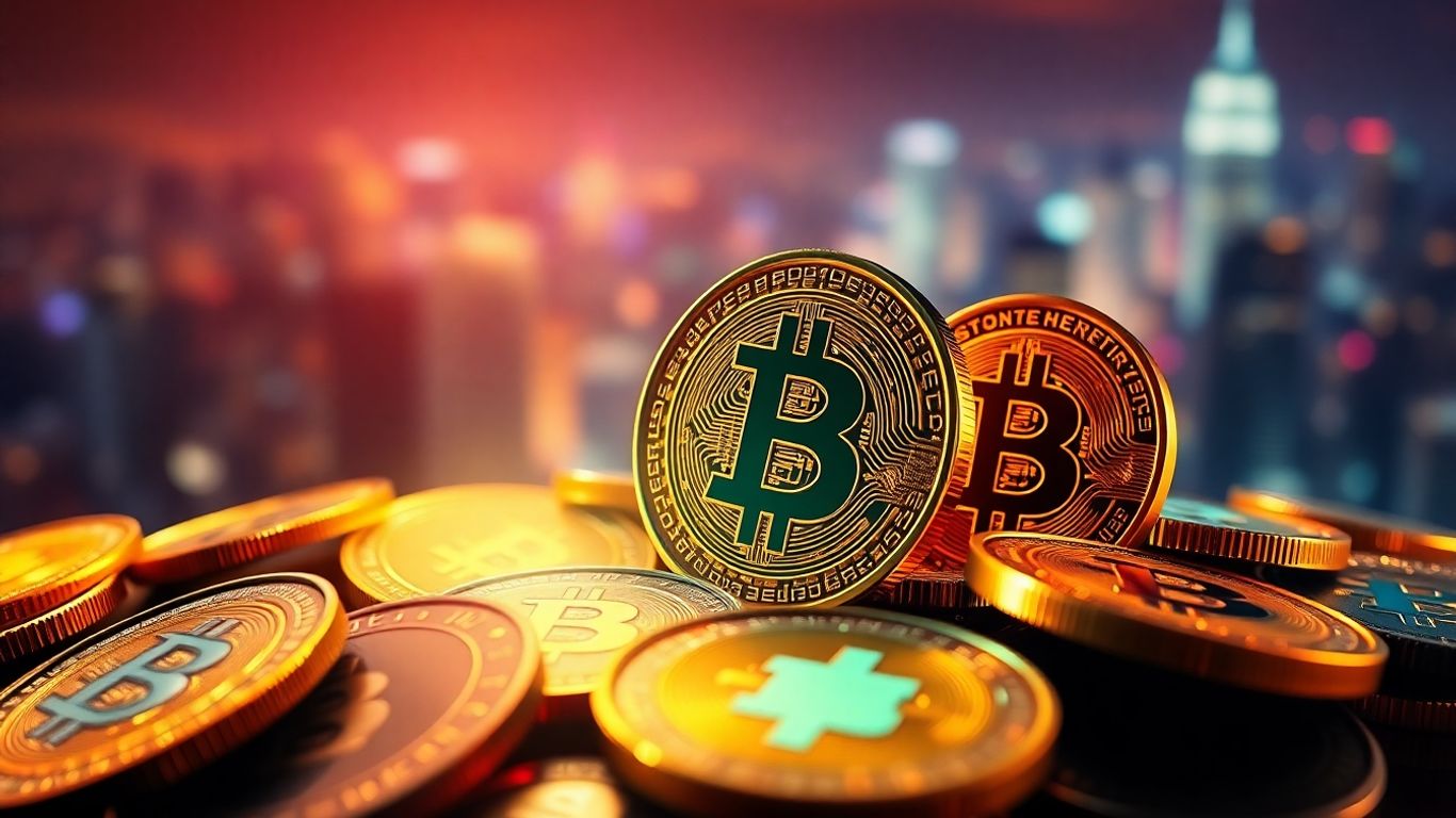 Digital coins with glowing light and blurred cityscape background.