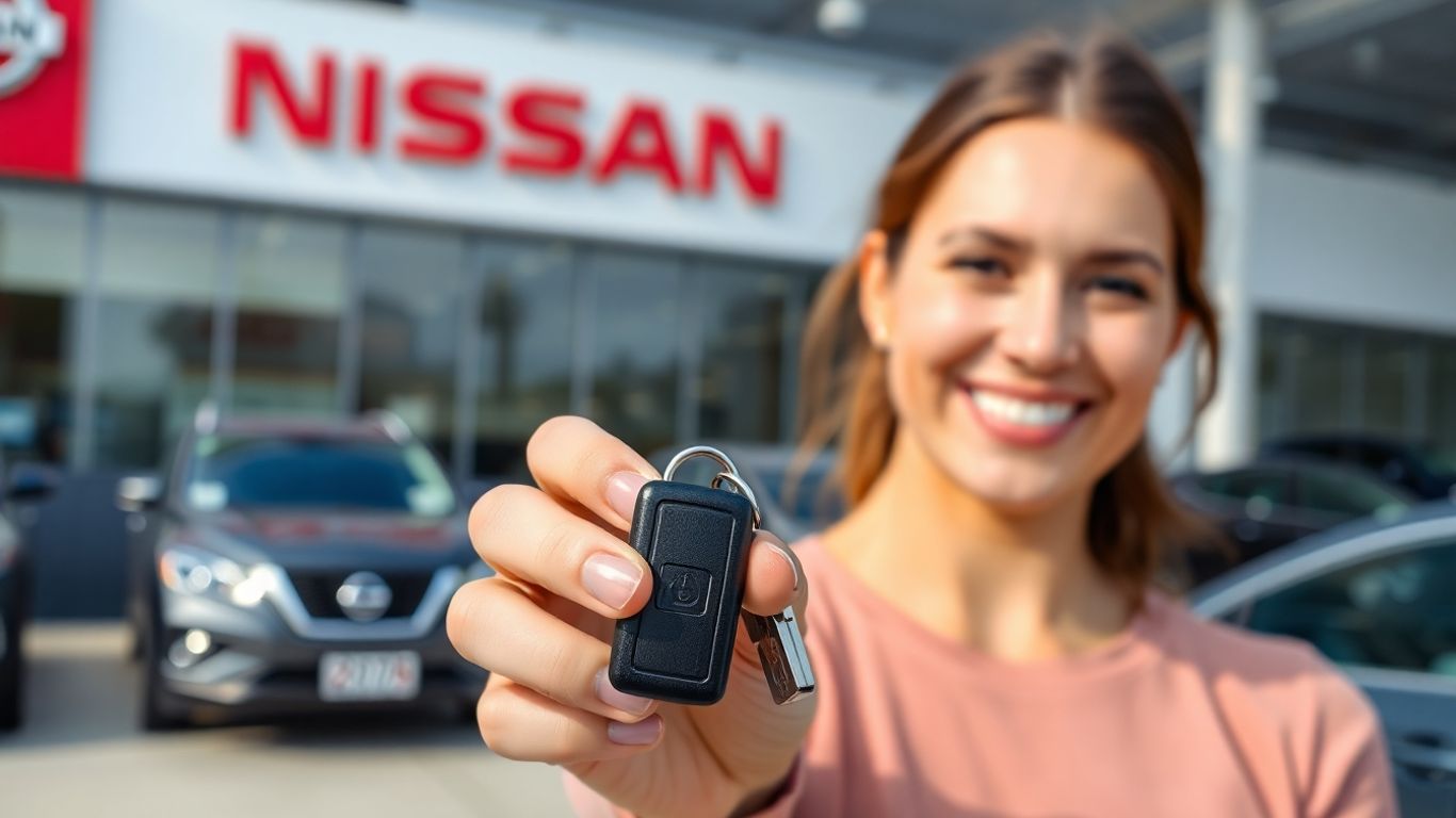 Person holding car keys near a Nissan vehicle.