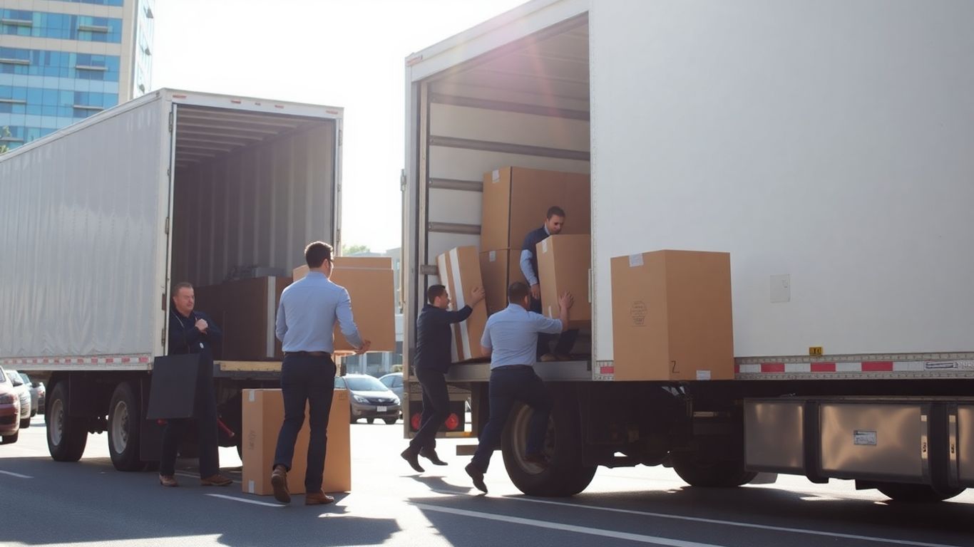Commercial moving crew loading office furniture onto a truck.