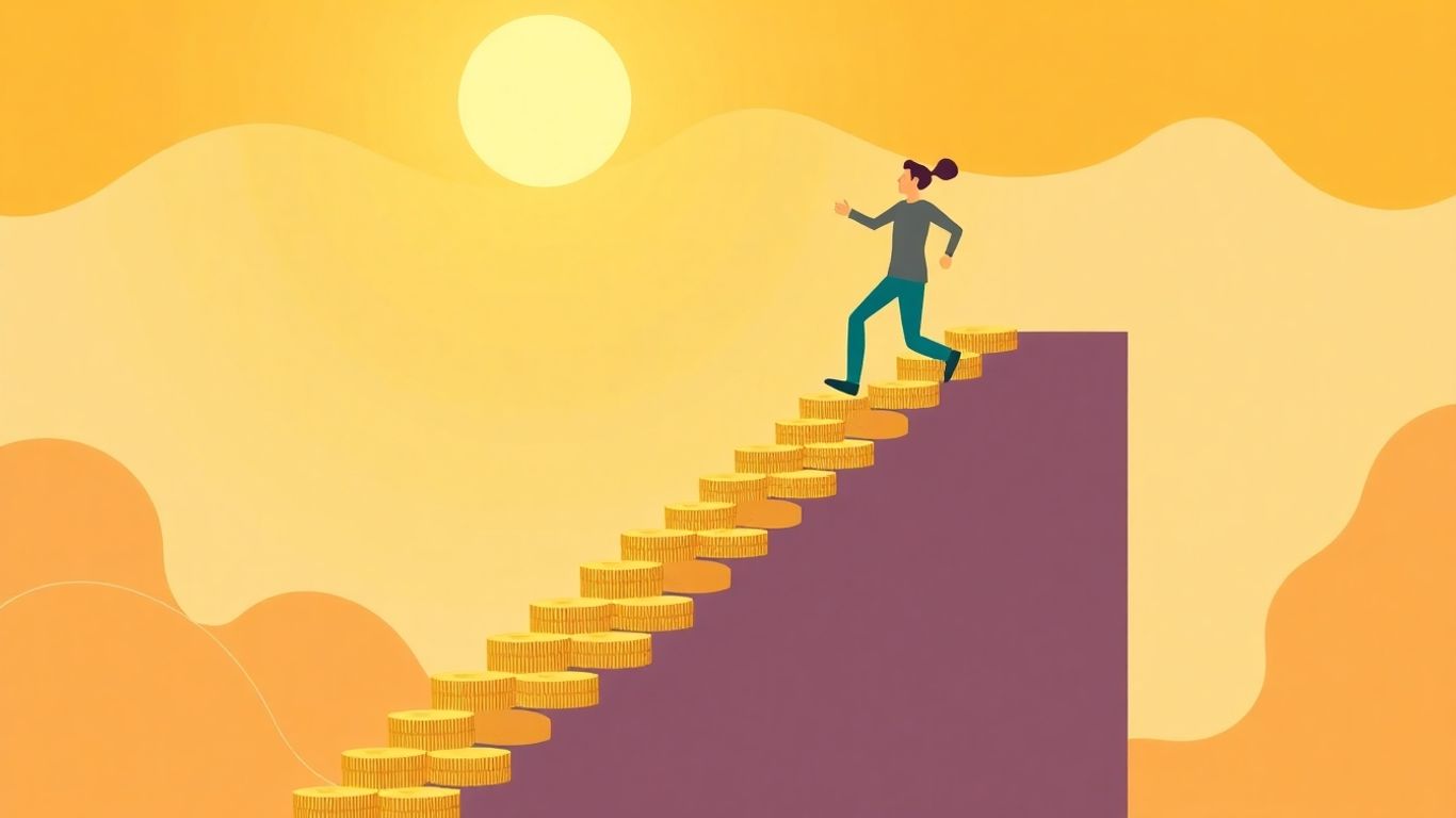 Pessoa subindo escada de moedas de ouro para o sucesso.