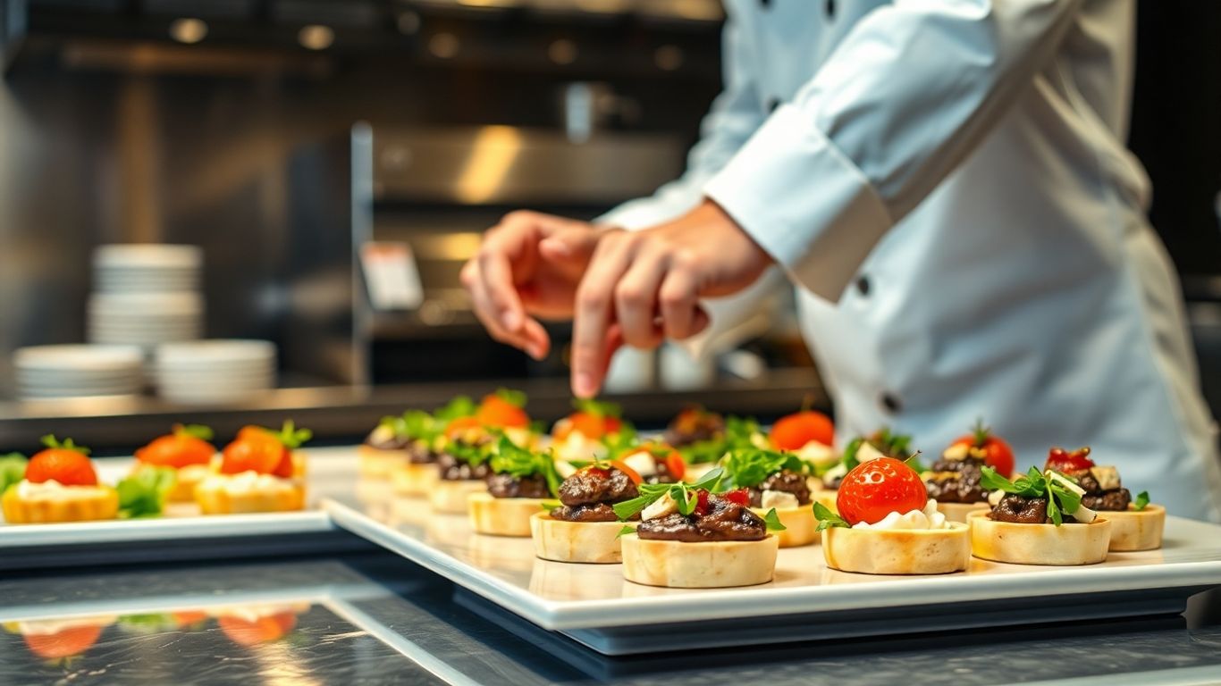 Professional catering setup with delicious food and kitchen.